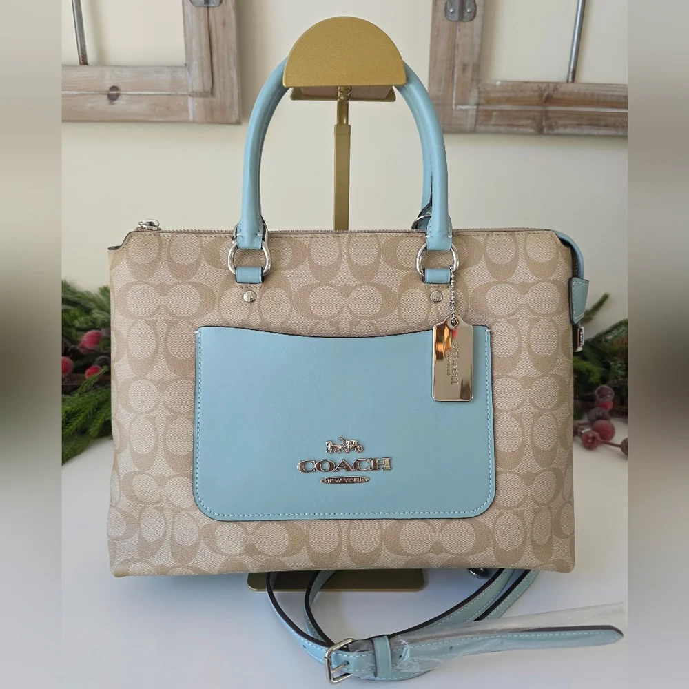 Coach Emma Satchel Crossbody Signature Coated Canvas Light Blue Leather Accents - Picture 1 of 15